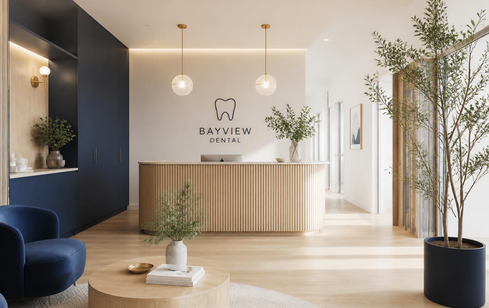Bayview Dental reception with pale oak joinery, navy cabinetry and soft natural daylight